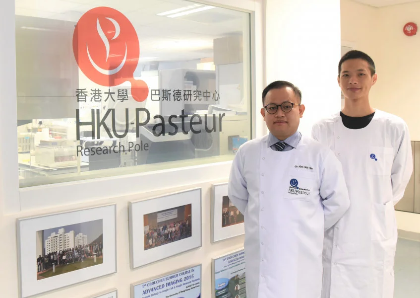 Researchers from HKU-Pasteur Research Pole (HKU-PRP) at the School of Public Health, LKS Faculty of Medicine of The University of Hong Kong (HKUMed), in collaboration with their Canadian collaborators, discovered for the first time a causal link between caesarean section birth, delayed gut microbiota development (persistently low Bacteroides, high Proteobacteria and colonised with Clostridium difficile) and peanut sensitivity in infants. The effect is also found to be almost four times as more pronounced in children of Asian descent than others. From left: Dr Hein M Tun, Assistant Professor, HKU-PRP, School of Public Health, HKUMed and Mr Peng Ye, PhD student.  