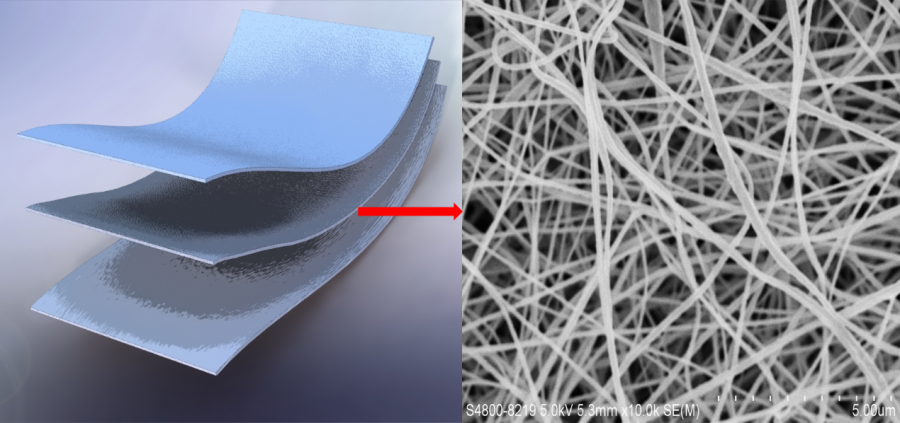Electron microscope image of nanofibrous air filter.  