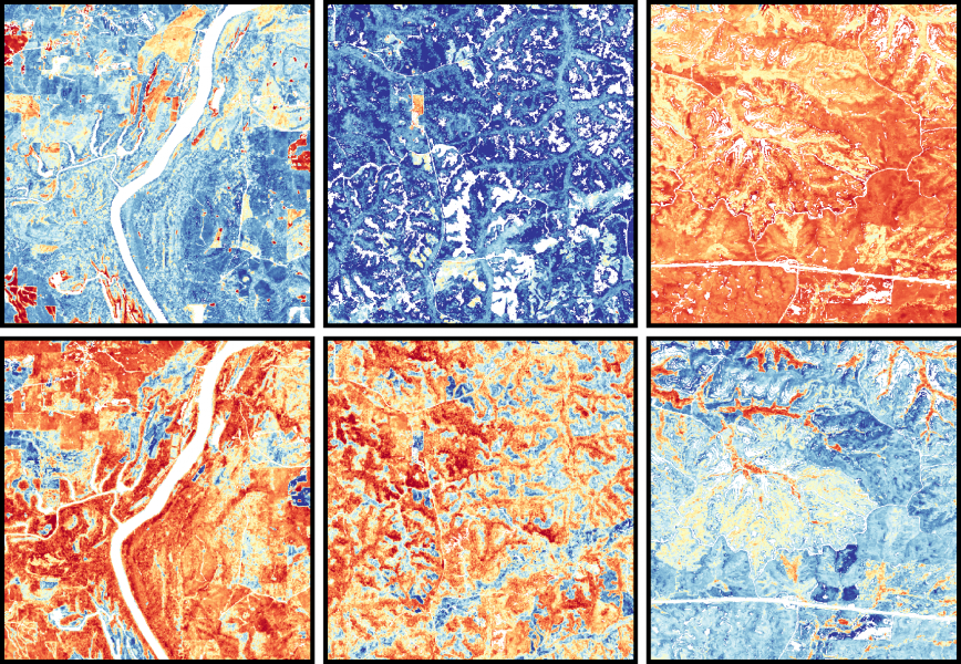 High-resolution satellite images that captured multispectral data recorded the reflections of light from plant leaves. These data are not only of great research importance, providing valuable insights into the physical and biochemical properties of vegetation, but also showcase stunning patterns. Images adapted from Remote Sensing of Environment, 2024, doi.org/10.1016/j.rse.2024.114082.