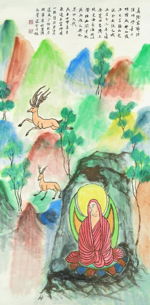 Buddha and Deer in the Dunhuang Fresco Style Jao Tsung-i Colour and Ink on Paper 138 x 68 cm 1992 Image courtesy of the Jao Tsung-I Petite Ecole