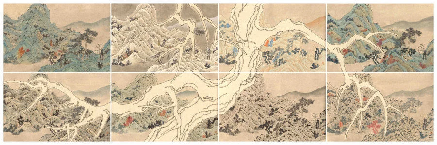 Meta-3 YAU Wing Fung (*1990 in Hong Kong) 2024 Ink and colour on paper set of 8 H 89 x W 278 cm (H 44.5 x W 69.5 cm each)  
