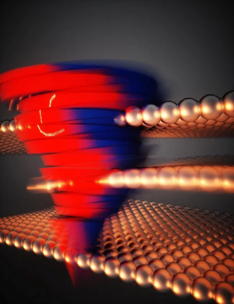 Information is stored by changing the relative position of the metal layer (the gold ball in the figure) with the thickness of three atomic layers. The vortex and its color reveal the dynamic change of Berry curvature in band structure while layers’ gliding; the numbers 1 and 0 encoded in this stacking orders can be read by such quantum property (Source: Ella Maru Studios)  