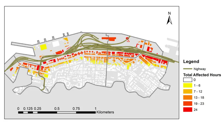 Figure 3 Spatial distribution of the total affected hours of the buildings in Western District.