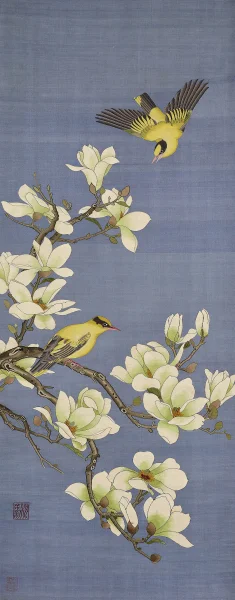 Orioles and magnolias China Late 19th or mid-20th century Kesi (silk tapestry) Hanging scroll 120 x 47.5 cm Gift of Dr Lam Kwok Pun HKU.T.2008.1675 Image Courtesy of the University Museum and Art Gallery, HKU
