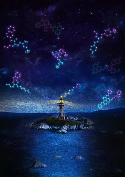 Artistic representation of the work: cell membrane is like a vast, complex, and unpredictable ocean. The membrane proteins are the rocks and islands in the ocean. Labelling the membrane protein target with a DNA tag is like having a lighthouse on the target protein to direct the specific screening of DNA-encoded chemical libraries for drug discovery.  