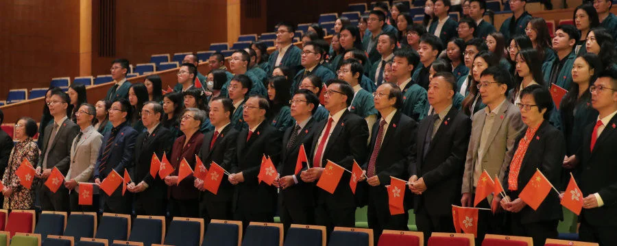 HKU holds a flag-raising ceremony at Grand Hall, Centennial Campus on Jan 1 .