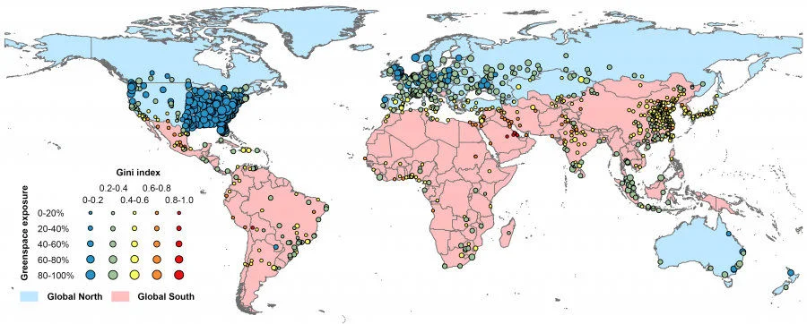 Greenspace exposure levels and the associated greenspace exposure inequalities measured by the Gini index for 1,028 cities globally
