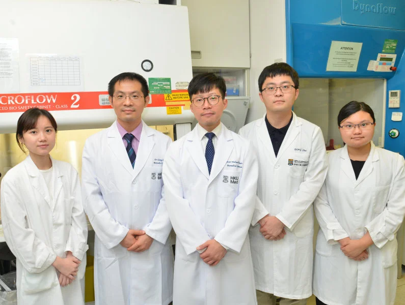 Professor Michael Huen Shing-yan, School of Biomedical Sciences and Assistant Dean (Innovation and Technology), HKUMed (middle); Dr Yu Cheng-han, Assistant Professor, School of Biomedical Sciences, HKUMed (2nd left); PhD students: Mr Dong Chao (2nd right), Ms Tan Xin-yi (1st left) and Ms Li Jun-shi (1st right) of the Michael Huen Laboratory, School of Biomedical Sciences, HKUMed.  