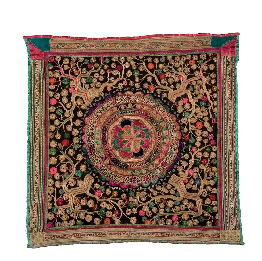 mbroidered cover of baby carrier with moon and banyan tree motifs Dong ethnic minority Tongdao County, Hunan Province 1950s Length: 44cm  Width: 44cm (Collection of Mei-Yi LEE)