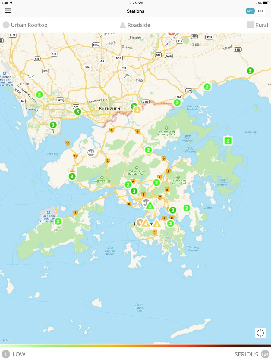 The locations of the 13 urban rooftop and 3 roadside air quality stations in Hong Kong, and 11 stations in Shenzhen.