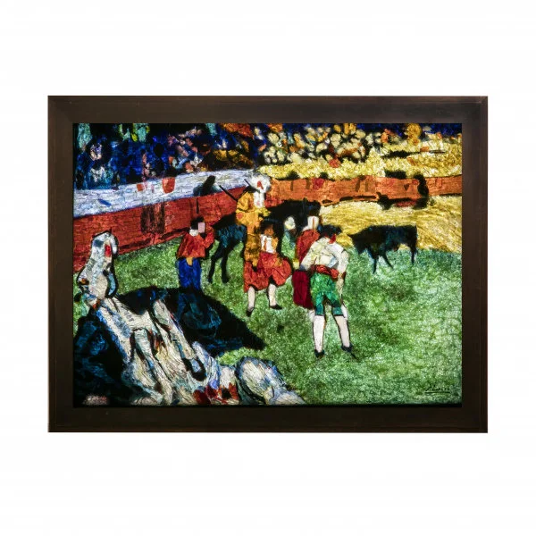 Bullfight (Course de taureaux)  Roger Malherbe-Navarre (Les Gemmaux de France studio) After Pablo Picasso 1954–1957 Gemmail H. 82 cm x W. 113 cm Private collection (Photograph courtesy of Sean Baylis)