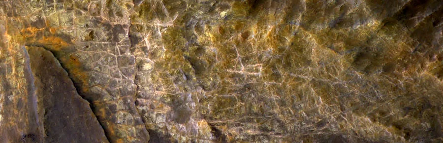 A high-resolution false colour image shows the ancient seafloor deposits up close.