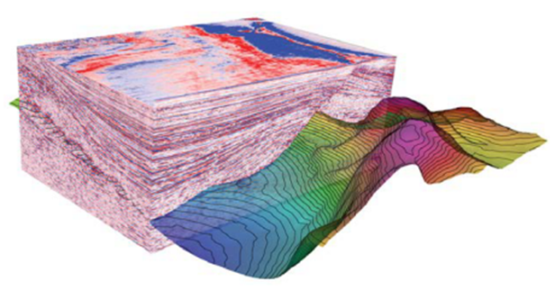 An illustration of 3D seismic data analyzed via MOVE, permitting 3D modeling of the fault surface and deformed layers in an extensional basin.  