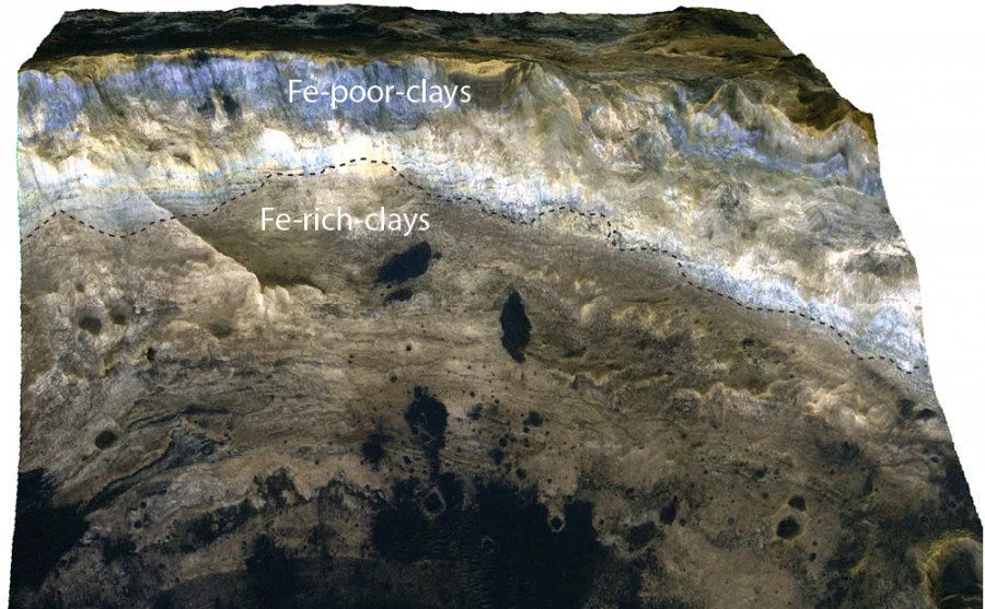 A 3-dimensional view of weathered bedrock shows the exposure of Fe-rich red rocks beneath Fe-depleted blue-toned rocks in a crater wall.  