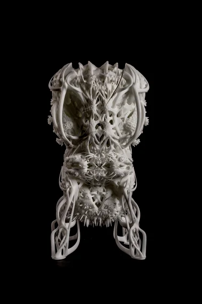An exhibit from Metamorphosis or Confrontation Vessels of Vanitas II Tobias Klein 2016 Resin (white), 3D print (Stereolithography Apparatus SLA) Edition of 3 75 x 25 x 40 cm ©Tobias Klein