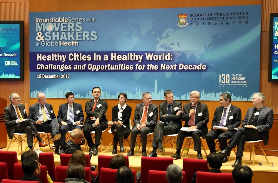 (From left): Professor Keiji Fukuda, Director of School of Public Health, Li Ka Shing Faculty of Medicine, The University of Hong Kong; Professor Stefano Bertozzi, Dean of School of Public Health, University of California, Berkeley; Professor Chang-Chuan Chan, Dean of College of Public Health, National Taiwan University; Professor Kee-Seng Chia, Dean of Saw Swee Hock School of Public Health, National University of Singapore; Professor Christine Loh, Adjunct Professor of Division of Environment and Sustainability, Hong Kong University of Science and Technology; Professor Antoine Flahault, Director of Institute of Global Health, University of Geneva; Professor William Hayward, Dean of Social Sciences, The University of Hong Kong; Dr Shin Young-soo, Regional Director for the Western Pacific, World Health Organization; Professor Wei J. Chen, Immediate Past Dean and Distinguished Professor, College of Public Health, National Taiwan University; and Professor Chris Webster, Dean of Architecture, The University of Hong Kong joined the roundtable penal discussion.