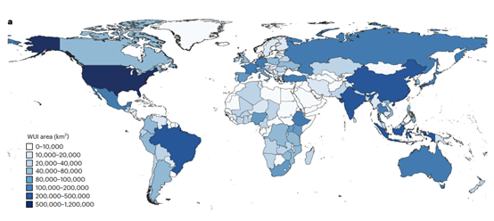 Statistics of global WUI areas at the country level.  
