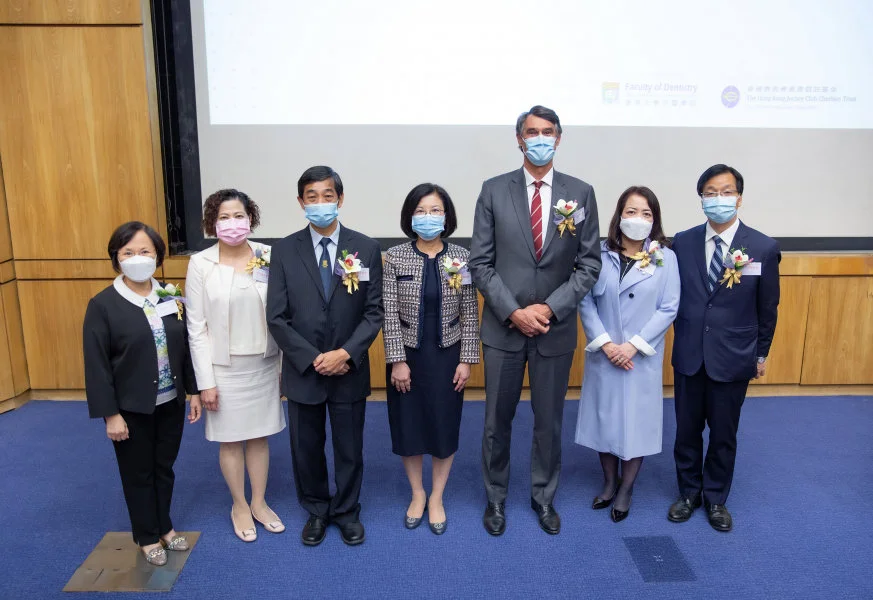 (From Left) “Jockey Club Children Oral Health Project” Professor Chu Chun Hung Project-in-charge cum Associate Dean (External Relations), Faculty of Dentistry, HKU; Ms. Jasmine Chung, Executive Manager, Charities (Grant Making – Rehabilitation and Medical), The Hong Kong Jockey Club ; Professor Flemmig Thomas, Dean of the Faculty of Dentistry, HKU; Professor Edward Lo Chin Man, Chair Professor (Dental Public Health), Faculty of Dentistry, HKU; Professor Cynthia Yiu Kar Yung, Associate Dean (Taught Postgraduate Education), Faculty of Dentistry, HKU, Ms. Kwok Kwai Mui, Principal of Shun Tak Fraternal Association, Tuen Mun Leung Lee Sau Yu Kindergarten and Ms. Cheng  Kam Mui Asme, Principal of Christian Alliance Louey Choy Kwan Lok Kindergarten