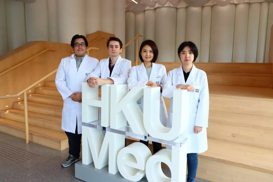 A research team from HKUMed uncovers an unexpected T cell exhaustion factor driving cancer immunotherapy resistance. The research team members include: (from left) Teo Jia Ming Nickolas, Victor Gray, Dr. Heidi Ling Guang Sheng and Chen Weixin.  