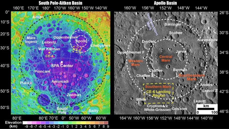 Chang’e-6 landing site is located to the Apollo basin in the northeast of the South Pole-Aitken basin. (Image credit: Dr Yuqi Qian)  