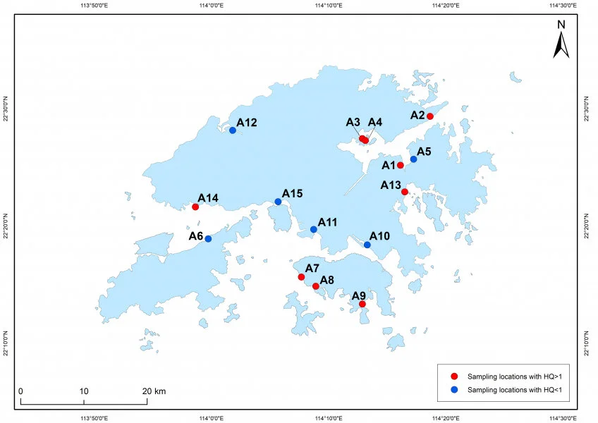 Image 1 Map of Hong Kong indicating the locations (A1 – A15) of collecting seawater samples in this study (A1: Sai Keng; A2: Fung Wong Wat; A3: Sam Mun Tsai; A4: Yim Tin Tsai; A5: Yung Shue O; A6: Sham Shui Kok; A7: Cyberport; A8: Aberdeen; A9: Stanley; A10: Kwun Tong; A11: Lai Chi Kok; A12: Yuen Long; A13: Sai Kung; A14: Tuen Mun; A15: Tsuen Wan).  Red circles indicate sites with the hazardous quotient (HQ) > 1, whereas Blue circles indicate sites with the HQ < 1.