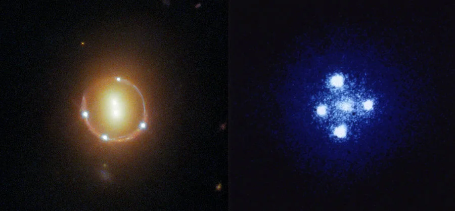 Figure 2: Examples of gravitational-lensed images observed with the Hubble Space Telescope. Left: 2M130-1714, in which the four bright and bluish points comprise the quadruply-lensed images of the bright nucleus of a background galaxy, such that the main body of the background galaxy is lensed and distorted into an Einstein ring. The Einstein ring encircles two yellowish galaxies comprising the foreground lensing galaxies. Image credit: NASA/ESA/Hubble/T.Treu/Judy Schmidt. Right: The Einstein Cross, comprising four bright points corresponding to the quadruply-lensed images of the bright nucleus of a background galaxy. The fifth point near the middle of the cross corresponds to the foreground lensing galaxy.  (Image credit: NASA/ESA/STSci)  