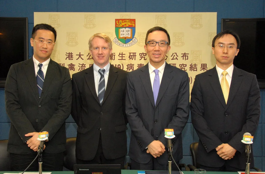 The University of Hong Kong Li Ka Shing Faculty of Medicine and Chinese Centre for Disease Control and Prevention conducted a collaborative study on the epidemiology of avian influenza A (H7N9) virus.The study finds that H7N9 is not as severe as H5N1, but more severe than 2009 pandemic A (H1N1).   (From the left): Dr Dennis Ip Kai-ming, Clinical Assistant Professor; Dr Benjamin J Cowling, Associate Professor; Professor Gabriel M Leung, Director of Public Health Research Centre and Professor and Head of Department of Community Medicine; Dr Joseph T Wu, Associate Professor, Public Health Research Centre and Department of Community Medicine, HKU Li Ka Shing Faculty of Medicine.
