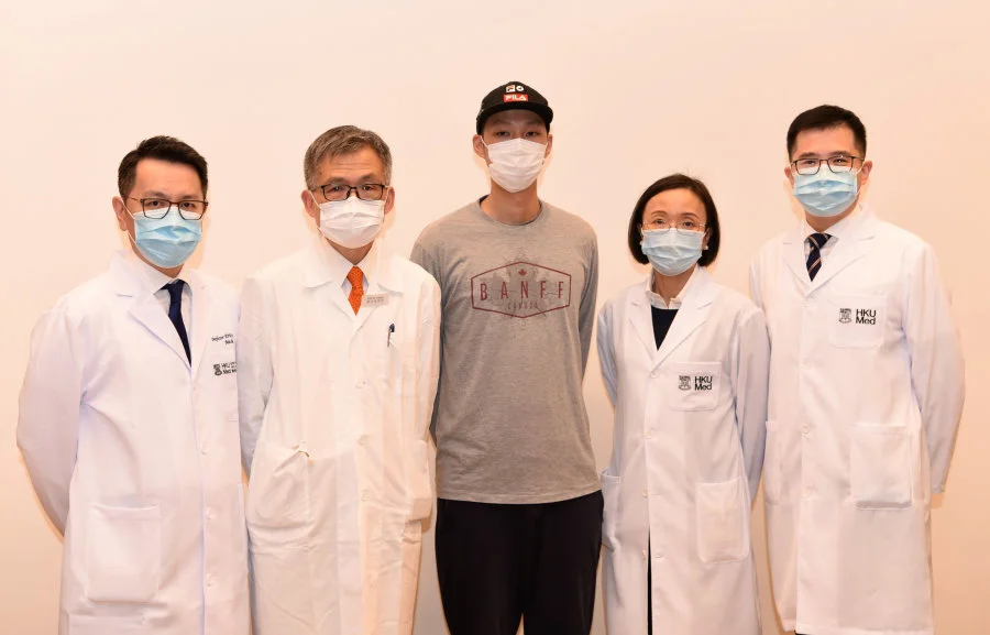 HKUMed introduces Hong Kong’s first CAR-T cell therapy for blood cancer patients. (From left: Professor Eric Tse Wai-choi, Professor Kwong Yok-lam, patient Mr Lau, Dr Joycelyn Sim Pui-yin and Dr Thomas Chan Sau-yan).  
