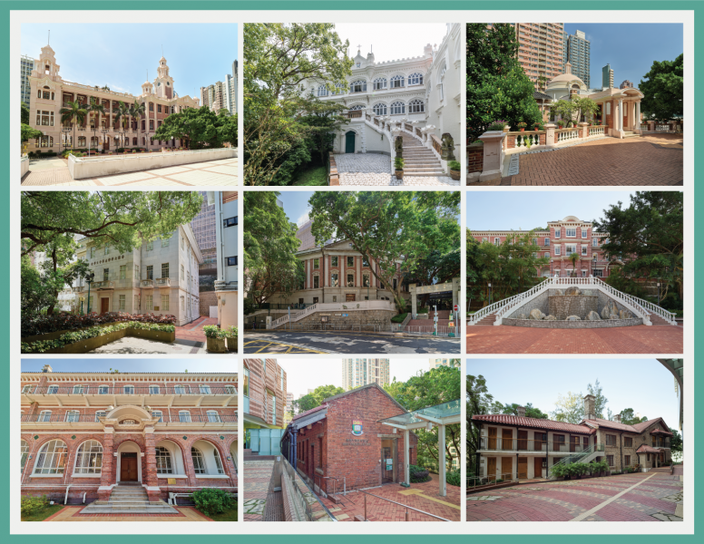 HKU Heritage buildings Main Building, the University Hall, Hung Hing Ying Building Tang Chi Ngong Building, Fung Ping Shan Building, Eliot Hall May Hall, HKU Visitor Centre, Run Run Shaw Heritage House