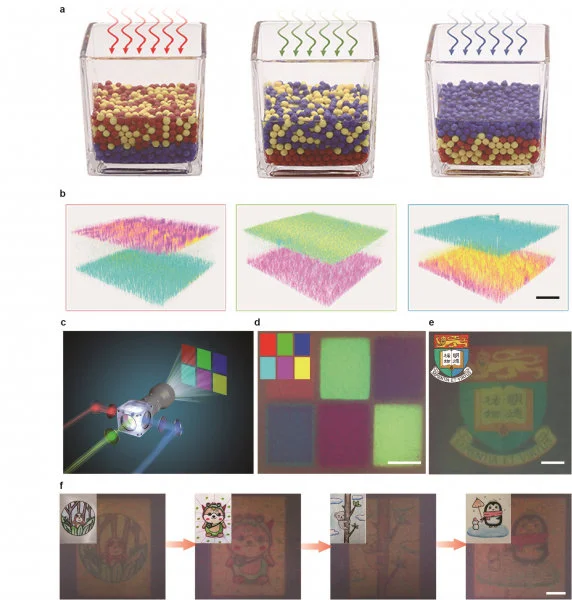 Three-dimensional phase segregation and photochromic colloidal swarm.  a, The Illustration of spectral sensitive layered segregation in the ternary colloidal system, where different illumination spectra resulted in distinctive vertical stratification. b, The 3D distribution of ternary colloidal particles as imaged by confocal microscope after red, green, and blue light illumination. The SQ2, LEG4, and L0 sensitized TiO2 colloids are represented in cyan, magenta, and yellow, respectively. Scale bar: 50 mm. c, Modified projector is used to project designed colour images. d, Six colour blocks emerged on the surface of photochromic ink after 2 min exposure. Inset: the projected pattern. Scale bar: 2 mm. e, The university logo emerged on the surface of photochromic ink after 2 min exposure. Scale bar: 2 mm. f, Sequential patterning of the photochromic ink with different colour paintings with 2 min exposure. Inset: the original projected patterns. Scale bar: 2 mm.  