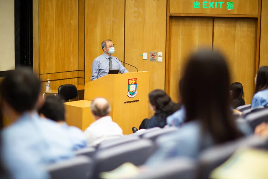 Professor G.S.P. Cheung, Associate Dean (Undergraduate Education) introduces the Guest of Honour, Mr Huen Wong, BBS, JP, Chairman, Board of Governors, The Prince Philip Dental Hospital   