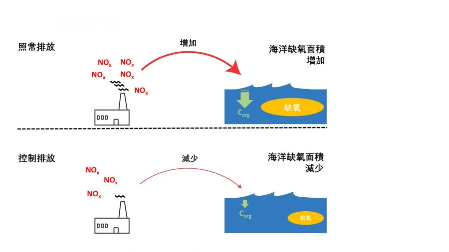 Illustration of the chain of events from the emissions to the generation of hypoxia. Illustration from the article (https://pubs.acs.org/doi/abs/10.1021/acs.est.0c00706)