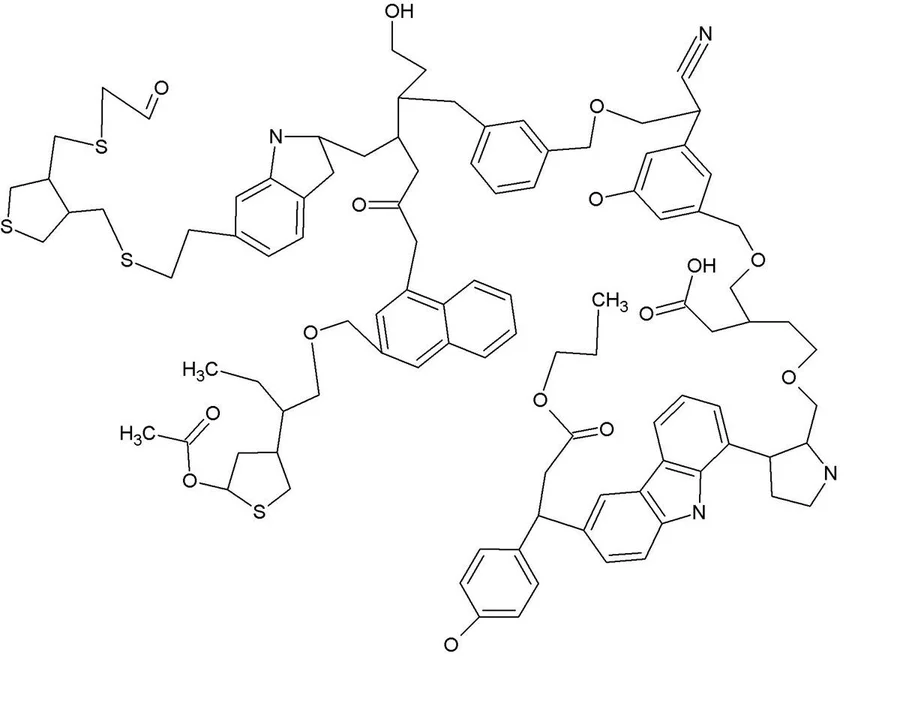 A schematic structure of organic matter in the Universe.  This typical structure is a mixture of ring-like (aromatic) and chain-like (aliphatic) chemical sites and contains about 100 carbon atoms.