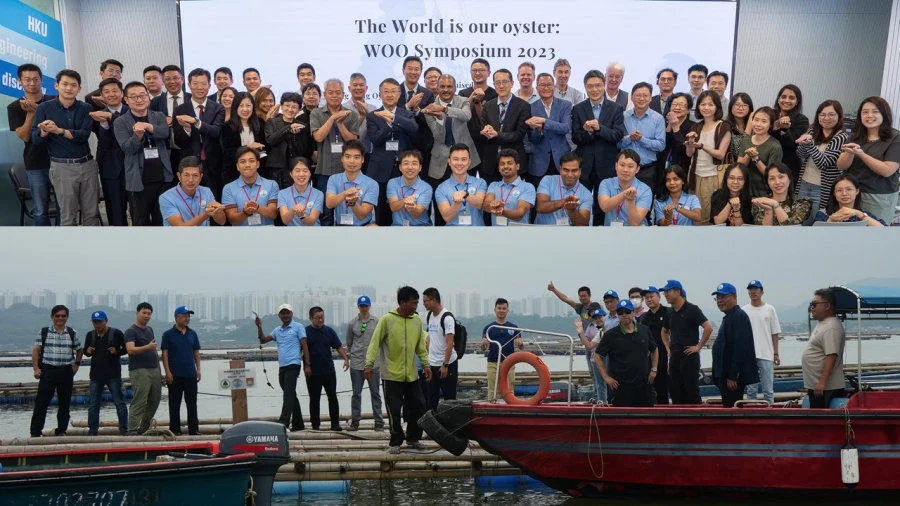 Upper image: The participants of ‘The World is Our Oyster’ Symposium gathered for a group photo, creatively mimicking oyster shells with their hands. Lower image: The participants of WOO-2023 engaged in discussion and brainstormed ideas for promoting one health oyster aquaculture while standing on the HKU’s oyster culture raft in Lau Fau Shan.   