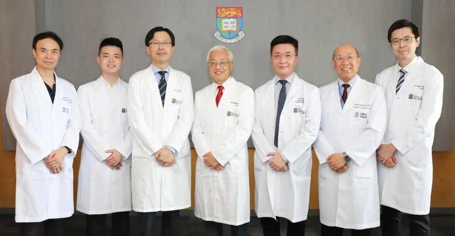 Members of HKUMed research team (from left) Professor Ian Wong Chi-kei, Lo Shiu Kwan Kan Po Ling Professorship in Pharmacy, Professor and Head of Department of Pharmacology and Pharmacy; Dr Gilbert T Chua, Honorary Tutor, Department of Paediatrics and Adolescent Medicine; Dr Kenneth Wong Kak-yuen, Clinical Associate Professor, Chief of Division of Paediatric Surgery, Department of Surgery; Professor Paul Tam Kwong-hang, Li Shu-Pui Professor in Surgery, Director of Dr Li Dak-Sum Research Centre and Chair Professor of Paediatric Surgery, Department of Surgery; Dr Patrick Ip, Clinical Associate Professor, Department of Paediatrics and Adolescent Medicine; Professor Godfrey Chan Chi-fung, Tsao Yen-Chow Professorship in Paediatrics and Adolescent Medicine, Clinical Professor and Head of Department of Paediatrics and Adolescent Medicine and Dr Patrick Chung Ho-yu, Clinical Assistant Professor, Department of Surgery.