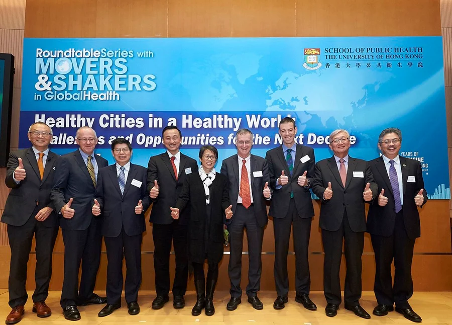 (From left): Professor Keiji Fukuda, Director of School of Public Health, Li Ka Shing Faculty of Medicine, The University of Hong Kong; Professor Stefano Bertozzi, Dean of School of Public Health, University of California, Berkeley; Professor Chang-Chuan Chan, Dean of College of Public Health, National Taiwan University; Professor Kee-Seng Chia, Dean of Saw Swee Hock School of Public Health, National University of Singapore; Professor Christine Loh, Adjunct Professor of Division of Environment and Sustainability, Hong Kong University of Science and Technology; Professor Antoine Flahault, Director of Institute of Global Health, University of Geneva; Professor William Hayward, Dean of Social Sciences, The University of Hong Kong; Dr Shin Young-soo, Regional Director for the Western Pacific, World Health Organization; and Professor Wei J. Chen, Immediate Past Dean and Distinguished Professor, College of Public Health, National Taiwan University took a group photo at the roundtable penal discussion.