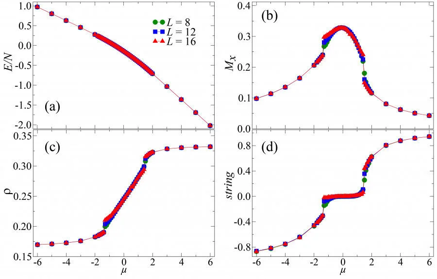 Figure 4. Distinguishing the topological orders and trivial phases by designed measurements.  Illustration: Phase transitions between QSLs and the PM phase. Data along the QSL–PM–QSL path, indicated by the dashed line at V = 0.9 in Fig. 2. (a) The energy density is smooth with increasing µ. (b) The polarization Mx reveals the first-order phase transition between the PM phase and the two Z2 QSLs. (c) The dimer filling changes continuously in the PM phase, and the filling also exhibits a first-order phase transition between the PM phase and QSLs. (d) The string operator is zero in the trivial PM phase but positive (negative) in the even (odd) Z2 QSL.