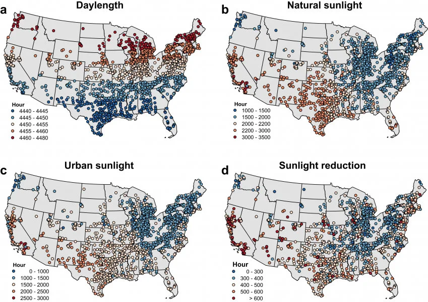 Annual Sunlight Maps for 1,353 U.S. Cities in 2020: a) Day Length: Sunlight duration from sunrise to sunset. b) Natural Sunlight: Actual sunlight owing to cloud cover. c) Urban Sunlight: Sunlight over built-up areas. d) Sunlight Reduction in Built-Up Areas: Difference between natural and urban sunlight due to 3D urban structures.  