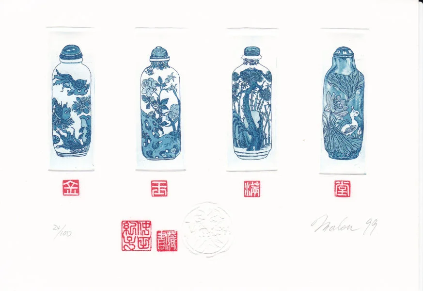 Set of four snuff bottles Malou Hung c3/c5/col 1999 (from left to right): 7 x 2.3 cm 7 x 2.4 cm 6.9 x 2.5 cm 7.1 x 2.2 cm Image Courtesy of Malou Oi Yee Hung  