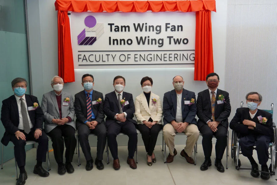 From left: Head of Innovation Academy Professor Norman C. Tien, Mr Edward Ho, Vice-President and Pro-Vice-Chancellor (Research) Professor Max Shen, President and Vice-Chancellor Professor Xiang Zhang, Mrs May Tam, Dean of Faculty of Engineering Professor David Srolovitz, Associate Dean of Faculty of Engineering (Research) Professor Yuguo Li, Honorary Professor T.H. Tse  