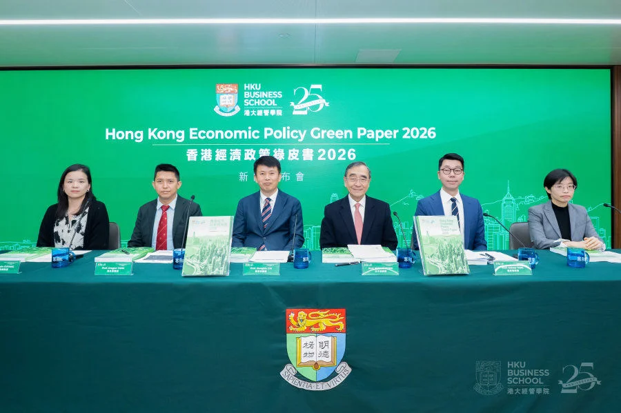 HKU Business School today unveils the Hong Kong Economic Policy Green Paper 2026. From left: Prof. Huiyin Ouyang, Associate Professor in Innovation and Information Management of HKU Business School, Prof. Dragon Tang, Professor in Finance in HKU Business School, Professor Hongbin CAI, Dean and Chair of Economics of HKU Business School, Prof. Richard Wong, Provost and Deputy Vice-Chancellor of The University of Hong Kong and Director, Hong Kong Institute of Economics and Business Strategy, Prof. Heiwai Tang, Associate Vice-President of The University of Hong Kong and Associate Dean of HKU Business School, and Dr. Tingting Fan, Principal Lecturer in Marketing of HKU Business School.  
