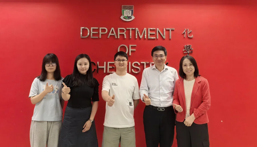 Figure 2. Professor Hongzhe Sun, Chair Professor of the Department of Chemistry at The University of Hong Kong (second from right), leads a dedicated team in the battle against superbugs. This team includes (from the left) Ms Chenyuan Wang, Ms Xueying Wei, Dr Yushan Xia and Dr Hongyan Li.  