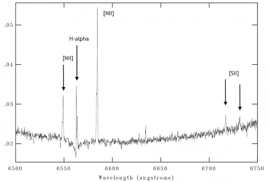 Figure 3. A combined 1-d continuum subtracted example PN spectrum from March 4th 2022 for IFU pointings a, b, c and d from the paper. The 5 visible PN emission lines are labeled.  