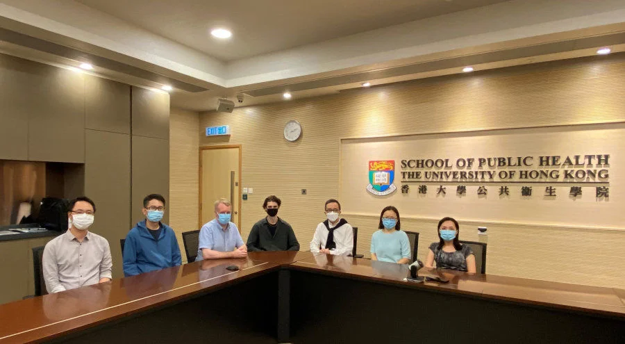 Members of the research team from School of Public Health, HKUMed include: (from left to right) Dr Eric Lau Ho-yin, Scientific Officer; Dr Tim Tsang Kam-lun, Research Assistant Professor; Professor Benjamin Cowling, Division Head of Epidemiology and Biostatistics and Co-Director of the WHO Collaborating Centre for Infectious Disease Epidemiology and Control; Dr Dillon C. Adam, Post-doctoral Researcher; Professor Gabriel Leung, Dean of Medicine, Helen and Francis Zimmern Professor in Population Health, Chair Professor of Public Health Medicine, HKUMed, and Founding Director of the WHO Collaborating Centre for Infectious Disease Epidemiology and Control; Dr Peng Wu, Assistant Professor; and Dr Jessica Wong Yuen-ting, Research Officer.  