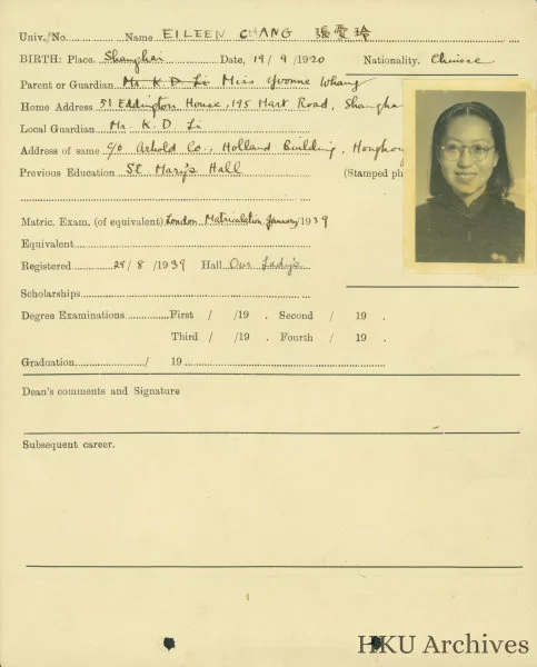 Eileen Chang’s HKU student registration and transcripts Image Courtesy of the University Archives of HKU