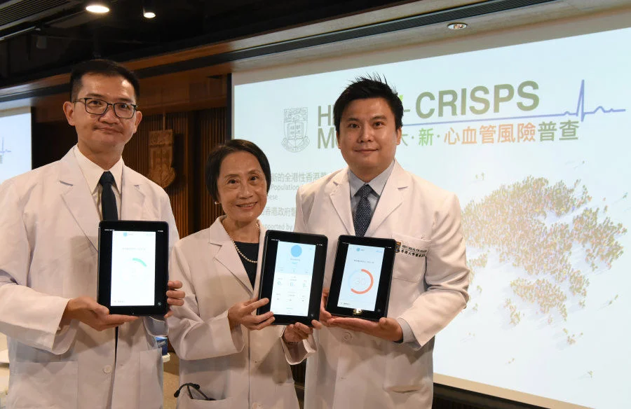 HKUMed reports a simple risk score - Non-invasive Diabetes Score (NDS), to identify undiagnosed diabetes and announces the launch of the “HK CRISPS Health Risk Engines” Smartphone App, as well as the commencement of N-CRISPS, a new, contemporary population-based cardiovascular risk factor prevalence study. The study was led by Professor Karen Lam Siu-ling (centre), Rosie TT Young Professor in Endocrinology and Metabolism, Chair Professor in Medicine, Department of Medicine, HKUMed and Clinical Director of the State Key Laboratory of Pharmaceutical Biotechnology, HKU; Dr Woo Yu-cho (left), Honorary Clinical Associate Professor and Dr Paul Lee Chi-ho (right), Clinical Assistant Professor of the Department of Medicine, HKUMed.  