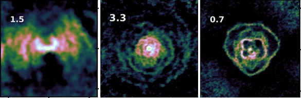 Figure 1. From left to right: images of the stars  p1 Gru, W Aql and R Aql. The observations were taken with the ALMA telescope in the Atacama desert, Chile. The images were made at the ALMA Regional Centre of the Jodrell Bank Centre for Astrophysics, The University of Manchester.  