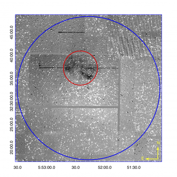 Figure 1. A contrast enhanced 30°ø30 arcminute quotient (Hα−r band) IPHAS (Drew et al. 2005) mosaic centred on the core of Galactic open cluster M 37 (NGC 2099). The low surface brightness bipolar PN (IPHASX J055226.2+323724) is encompassed by a red circle with a diameter of 445 x 10 arcseconds (the nebular major axis) while the blue circle indicates the full ∼ 30 arcminute extent of the cluster. The PN is well within the cluster tidal radius with the blue CSPN at almost the precise geometric centre of the PN. The CSPN is itself only ∼280 arcseconds from the published cluster center position.  