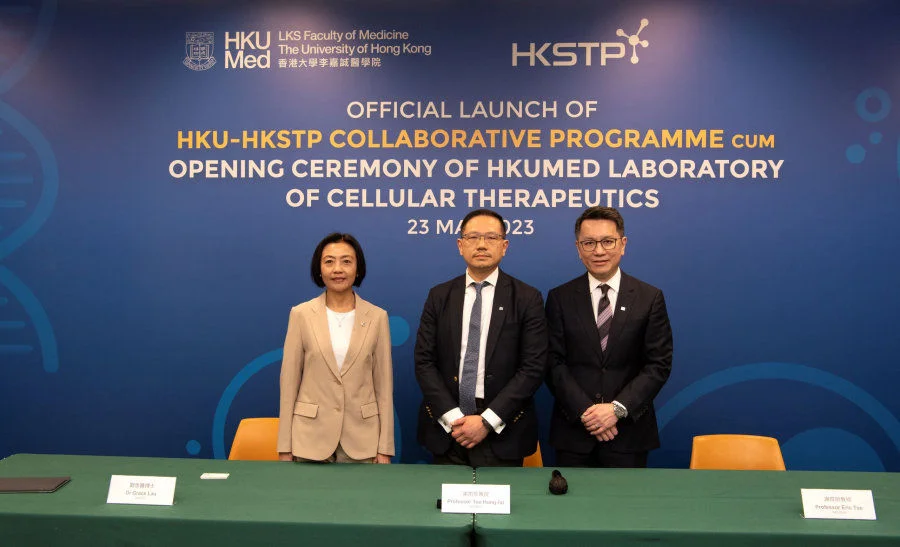 A Press Conference was held following the Opening Ceremony of HKUMed Laboratory of Cellular Therapeutics, chaired by (from left) Dr Grace Lau, Head of Institute for Translational Research, HKSTP; Professor Tse Hung-fat, Chair of Cardiovascular Medicine; Chairperson, Department of Medicine, School of Clinical Medicine, HKUMed, and Professor Eric Tse Wai-choi, Clinical Professor, Department of Medicine, School of Clinical Medicine, HKUMed.  