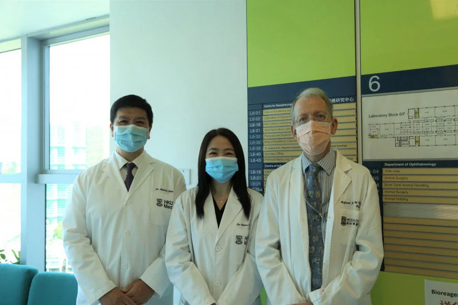 HKUMed demonstrates the mechanisms of vascular damage in SARS-CoV-2 infection, and shows how Imatinib may be a potential treatment for COVID-19 induced lung injury and vascular diseases. Members of the research team include: (from left to right) Dr Michael Chan Chi-wai, Associate Professor, School of Public Health; Dr Kenrie Hui Pui-yan, Assistant Professor, School of Public Health; and Professor John Nicholls, Clinical Professor, Department of Pathology.  
